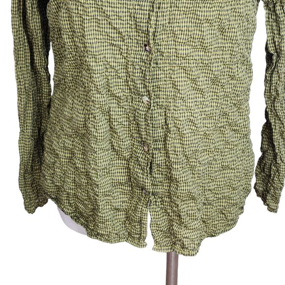 Cut Loose Womens Crinkle Collared Button Up Shirt Size Small Green Gingham Check - Picture 3 of 9